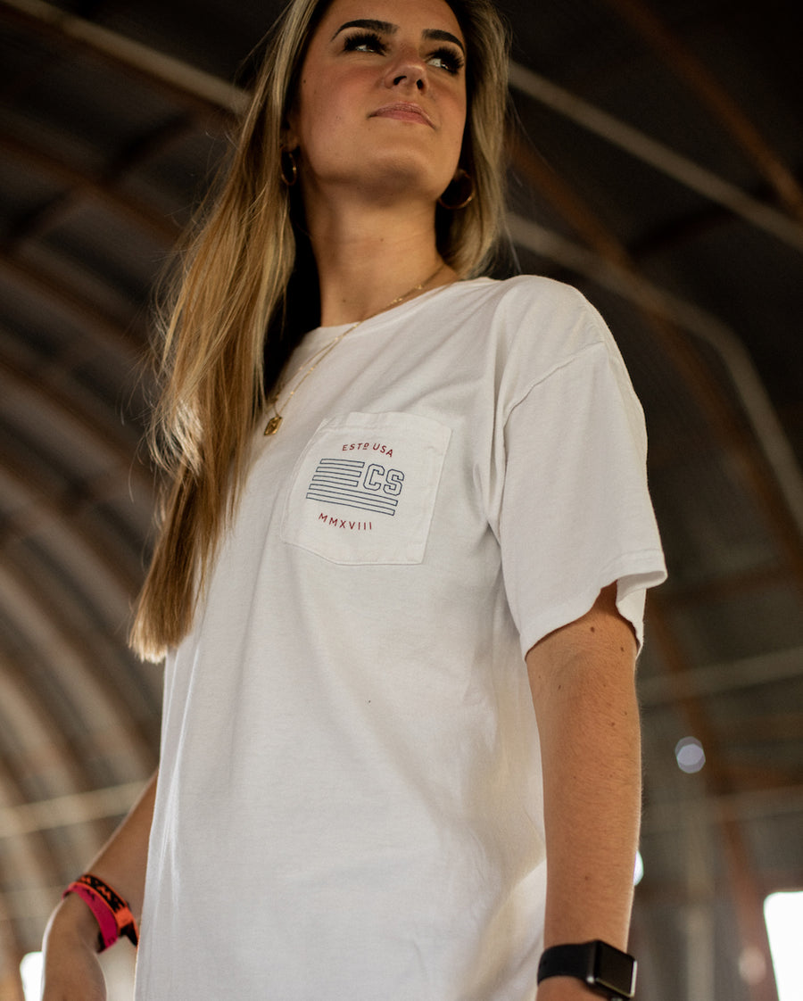 American Flag Pocket T-Shirt Female Lifestyle Photo 2